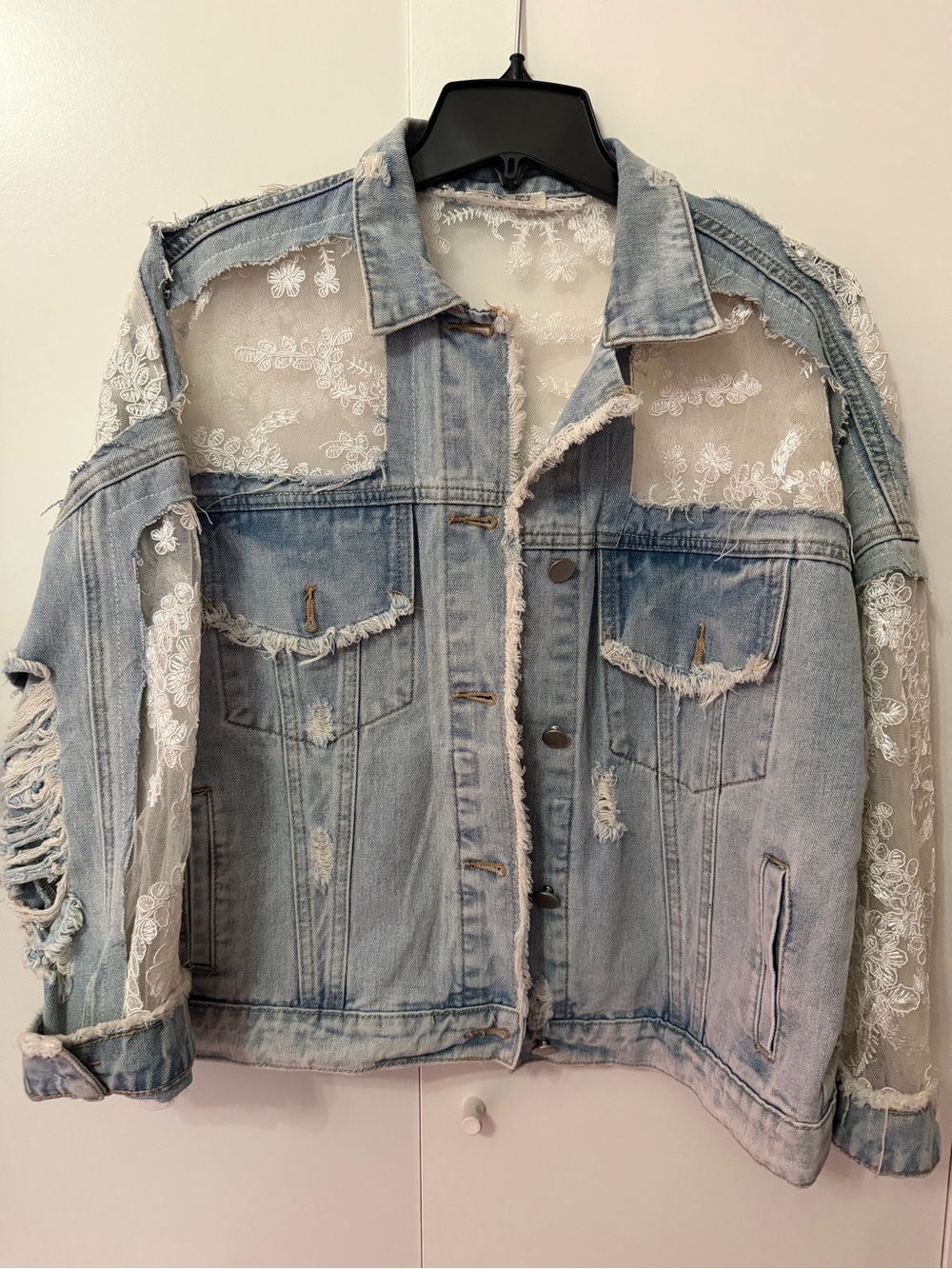 Lace-Panel Distressed Light Blue Denim Jacket
